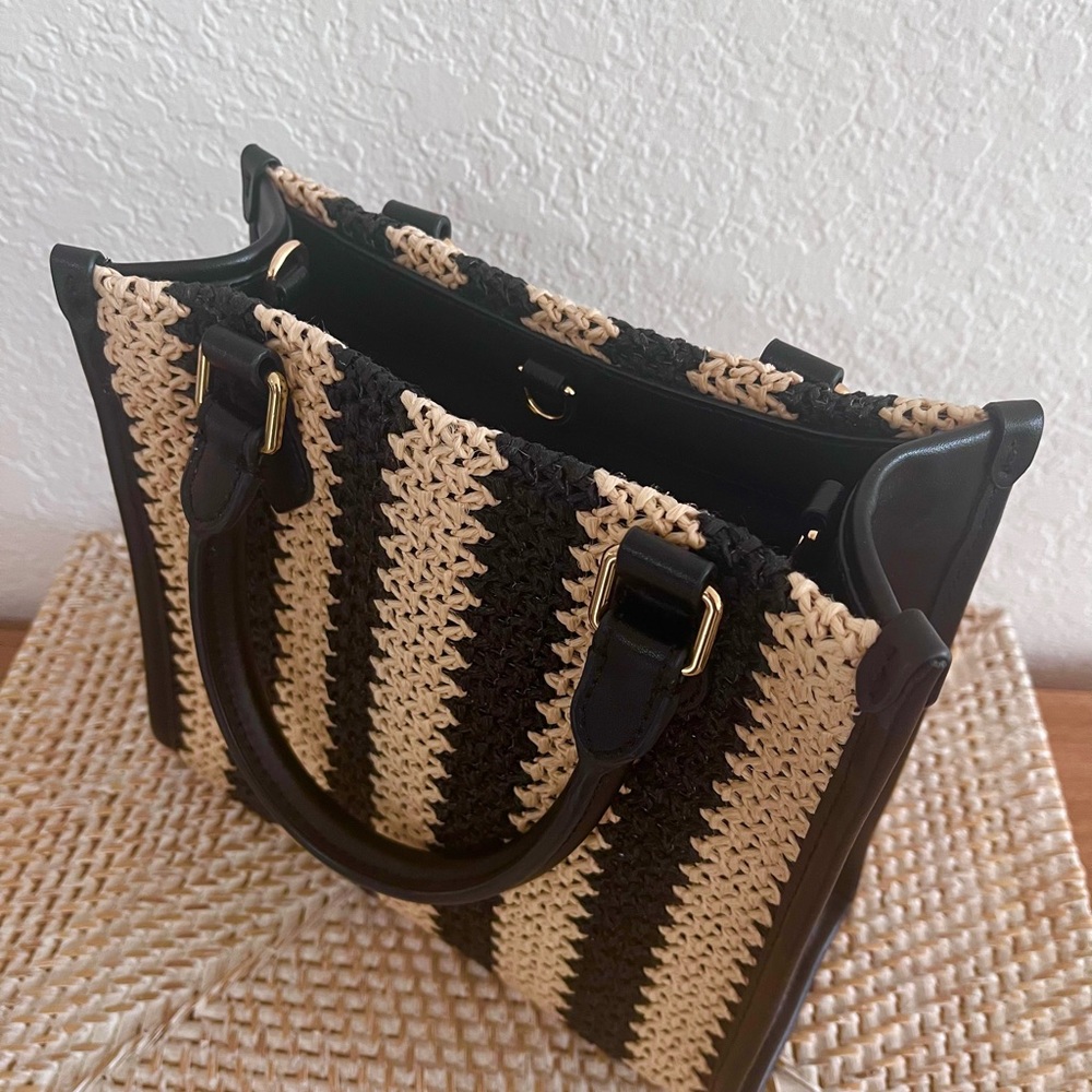 SAINT & SOFIA Mini Tote Bag Raffia Black/Tan Leather Artisan Handbag W/Strap - Picture 9 of 15